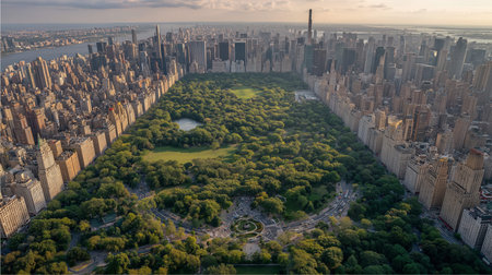 Central park green oasis surrounded by manhattan urban skyscrapers and skyline