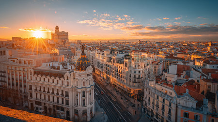 Madrid cityscape with the metropolis building and gran via street during sunsetの写真素材