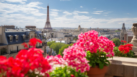 Paris cityscape with the eiffel tower and residential buildings, viewed from a balcony with red potted flowersの写真素材