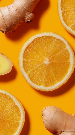 Vibrant yellow background with natural citrus and root producing healthy immunity drinks