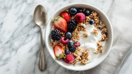 Bowl of greek yogurt with fresh berries and granola on a marble surfaceの写真素材