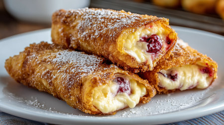 Crispy fried pastries filled with sweet cream cheese and tart cherries, dusted with powdered sugarの写真素材