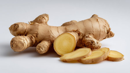 Ginger root and freshly cut slices creating healthy ingredient for cooking