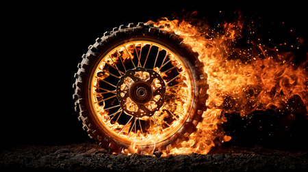 Motorcycle wheel spinning and burning on black background, creating a dynamic concept of powerの写真素材