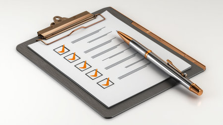 Clipboard holding a checklist with orange checkmarks and a metal penの写真素材