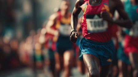Athletes running a long-distance race, demonstrating fitness and determinationの写真素材