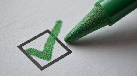 Green pencil marking a check box on white paper, symbolizing completion or approvalの写真素材