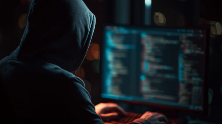 Hacker wearing a hoodie using a computer keyboard, typing source codes on screen in dark