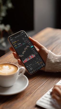 Person monitoring crypto investment app on mobile phone with coffee on a wooden tableの写真素材