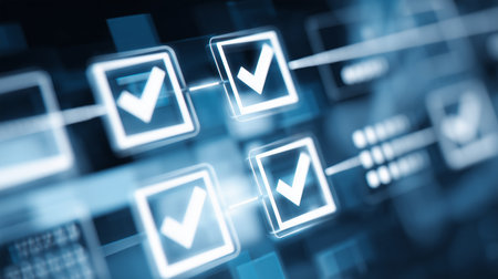 Checkmark boxes reflecting a digital survey, plan, or task completion conceptの写真素材