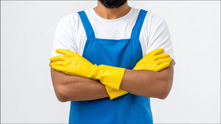 Professional cleaner man standing with arms crossed, ready for commercial cleaning serviceの写真素材