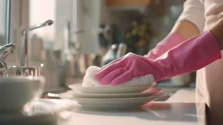 Woman's hands in pink gloves cleaning plates with a sponge in a bright kitchenの写真素材