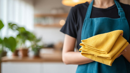 Woman holding yellow cleaning cloth, preparing for household chores in a domestic settingの写真素材