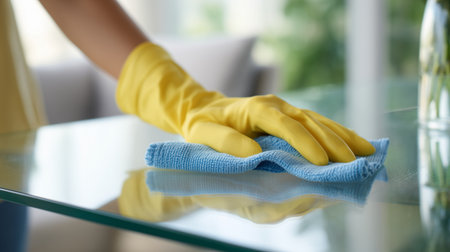 Hand in yellow glove wiping a glass table with a blue microfiber ragの写真素材