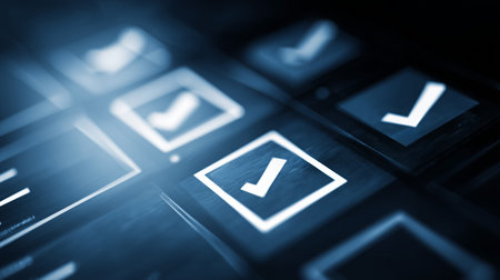 Digital screen displaying various check marks indicating selection, choice, and task completionの写真素材