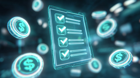 Digital checklist with checkmarks and floating coins symbolizing successful financial management and online business conceptの写真素材