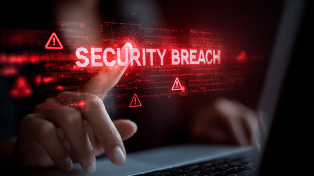 Hand interacting with a digital security breach alert on a laptop, showing a cyber riskの写真素材