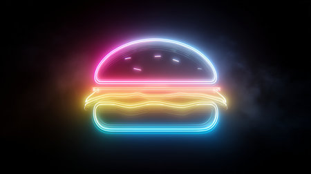 Neon light lines creating a colorful glowing hamburger fast food signの写真素材