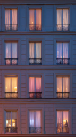 Building facade windows showing warm light from cozy apartments at night