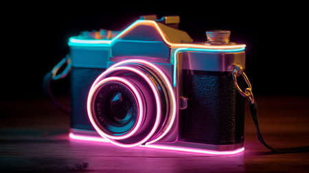 Retro analog camera body illuminated by vibrant pink and blue neon outlining its classic shapeの写真素材