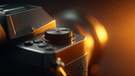 Close-up of a classic camera dial and top plate, illuminated by warm lightの写真素材
