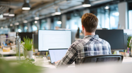 Man coding or developing software at a desk in a contemporary workplace