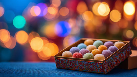 Colorful indian sweets in a decorative box with festive bokeh lightsの写真素材
