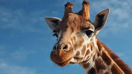Giraffe head and neck close up, looking left against a clear blue skyの写真素材