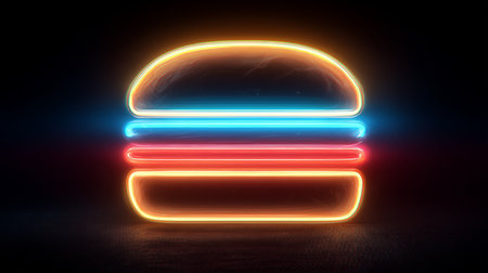 Neon light lines forming a vibrant burger symbol, illuminating a dark creative settingの写真素材