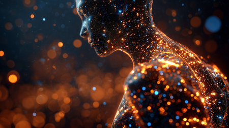 Abstract digital humanoid body emerging from glowing particles, representing ai and consciousnessの写真素材
