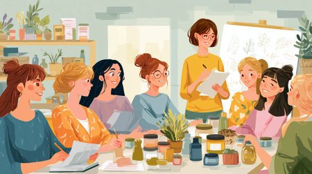 Group of women actively participating in a natural cosmetics making workshopの写真素材