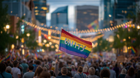 People gathered for a pride celebration, raising a rainbow unity flag in a city streetの写真素材