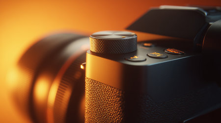 Close up of camera body and lens highlight a dial and buttons against an orange glowの写真素材