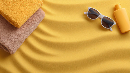 Towels, sunglasses, and sunscreen bottle reflecting summer vacation and relaxation