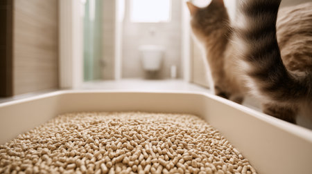 Domestic cat preparing to use a litter box filled with clean wood pellets in a bathroom settingの写真素材