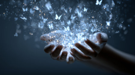 Hands creating and releasing a swarm of glowing butterflies and magical sparklesの写真素材