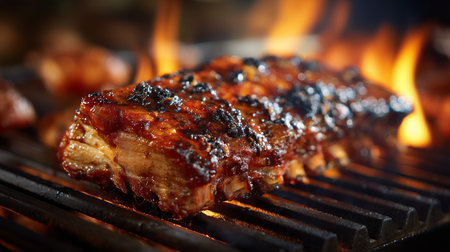 Pork ribs grilling with fiery flames engulfing the meat, creating a delicious mealの写真素材
