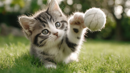 Tabby kitten swatting at a yarn ball outdoors, showing playful pet behaviorの写真素材