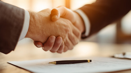 Close up of businessmen shaking hands over a contract, symbolizing partnership and agreement