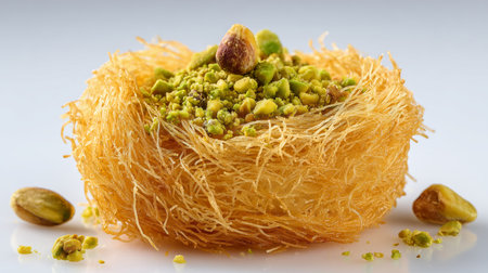 Middle eastern dessert kunafa made from shredded phyllo pastry topped with green pistachiosの写真素材