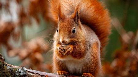 Red squirrel holding nut, sitting on tree branch in autumn woodland