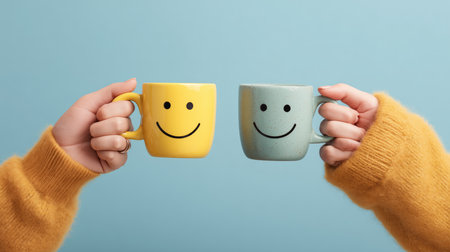 Two people are holding mugs with smiley faces, symbolizing happiness and friendshipの写真素材