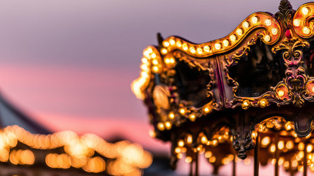 Vintage carousel with glowing lights against a colorful twilight sky creating a festive atmosphere