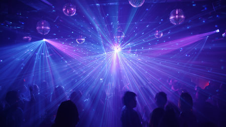 People enjoying a lively night out with laser beams and disco balls with copy space