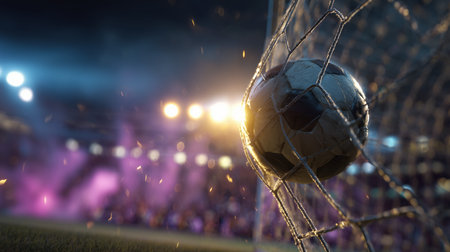 Soccer ball caught in goal net with stadium lights and smoke behind