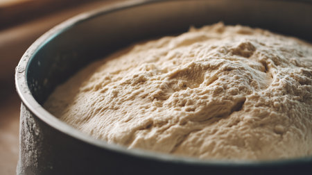 Raw sourdough bread dough rising in a dark metal baking panの写真素材