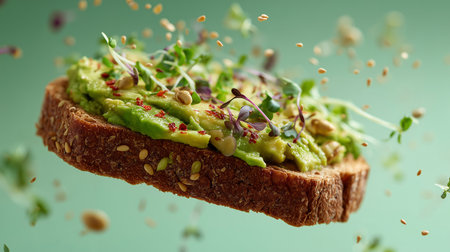 Avocado toast levitates with sprinkled microgreens and seeds, symbolizing healthy floating foodの写真素材
