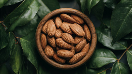Almonds filling a wooden bowl, surrounded by fresh green leaves on a dark surface, top viewの写真素材