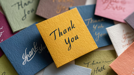 Assorted thank you cards expressing appreciation on textured paperの写真素材