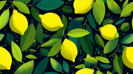 Lemons and leaves creating a vibrant seamless pattern on a dark backgroundの写真素材